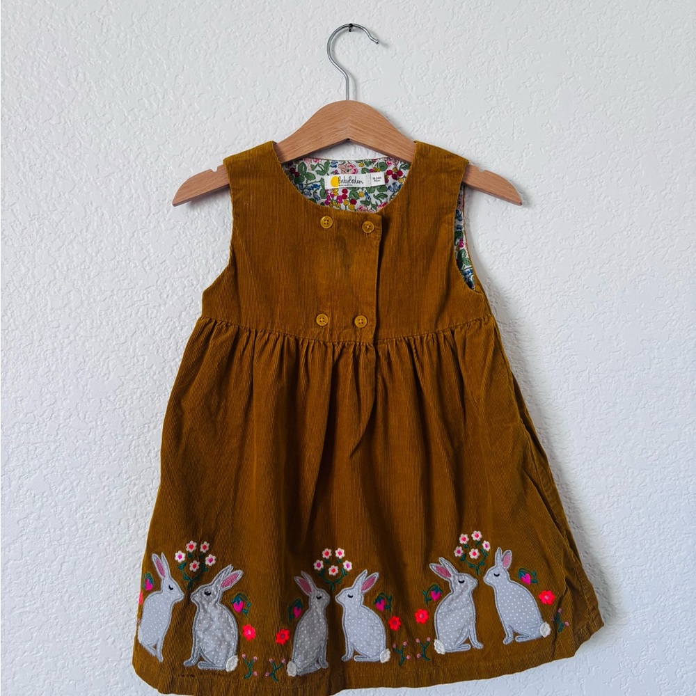 Brown Corduroy Kids Dress with Rabbit Embroidery